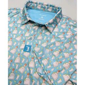 Bogey Bros Polo Shirt Men's XL Blue Tequila Bottle Golf AOP Performance Preppy